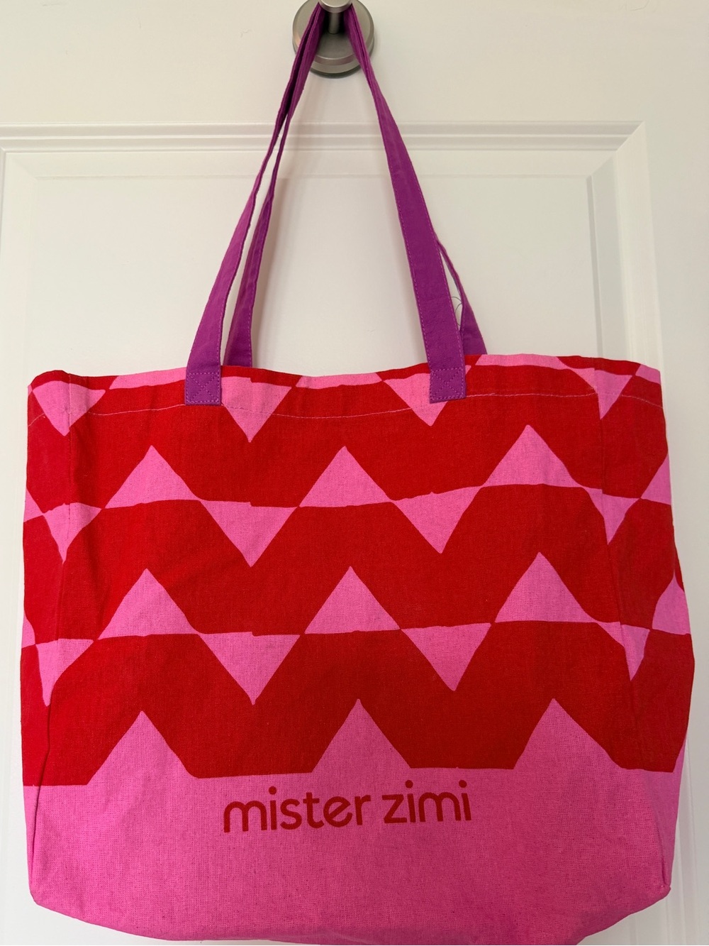 Mister Zimi Red and Pink Geometric Tote with Purple Straps - Picture 2 of 3